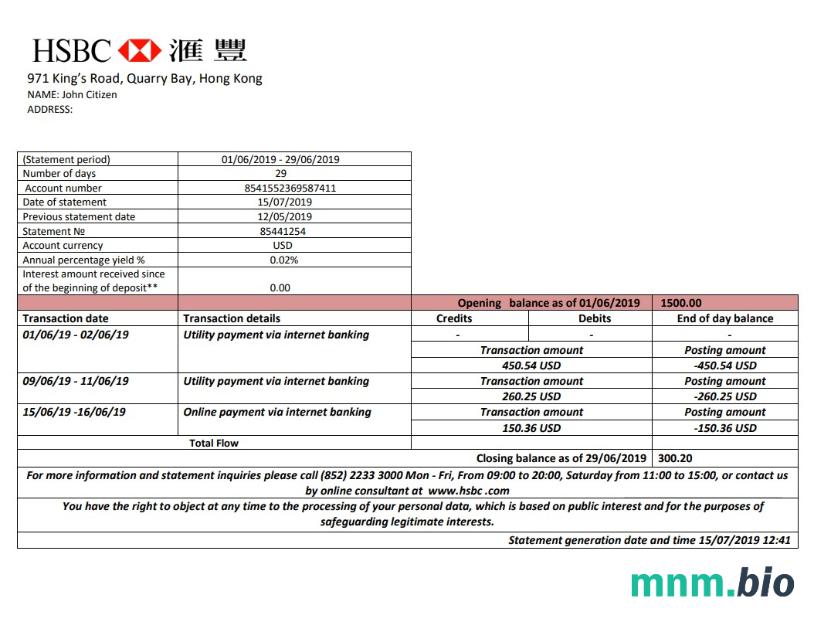 Wyciąg z banku HSBC w Hongkongu łatwy do wypełnienia szablon .xls i .format pliku pdf